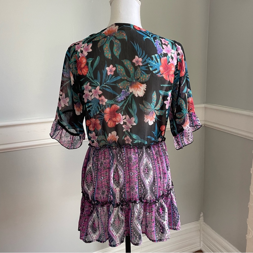 Tru Self Sheer Tropical Floral Kimono Blouse w/ Black Lace Trim – Size Small - Picture 6 of 9